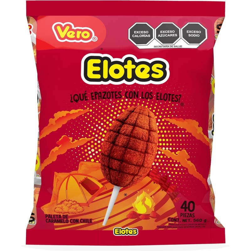 Paleta Elotes de caramelo con chile, Bolsa 40pz de 14g c/u